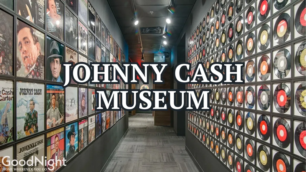 An interior shot lined with album covers and Johnny Cash memorabilia, including record displays and interactive exhibits. The space reflects both the history and celebration of Nashville’s music scene, inviting viewers to experience the legacy firsthand.