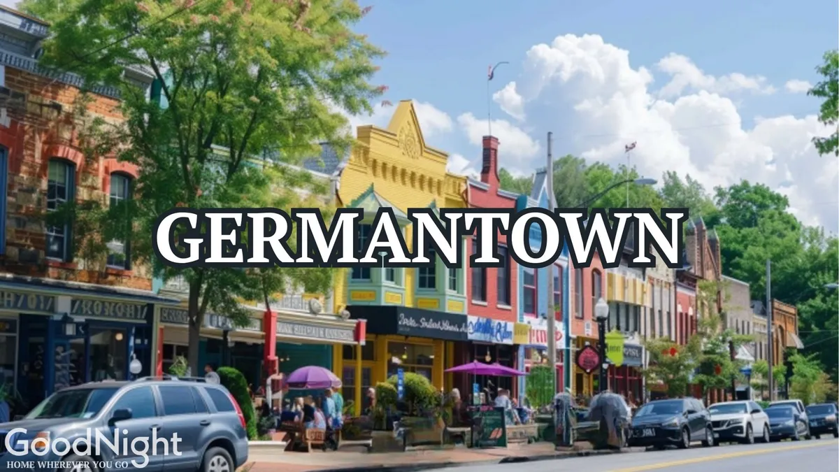 A lively Nashville street scene featuring colorful storefronts, pedestrian activity, umbrellas, and lush green trees. The image exudes energy and highlights the walkability and vibrant urban atmosphere of downtown, inviting exploration of shops and restaurants.