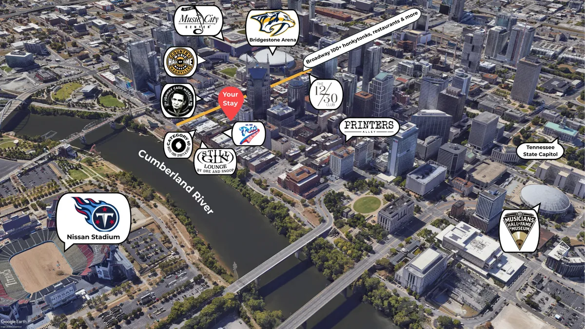 A sweeping view of Nashville’s energetic downtown skyline, featuring the Cumberland River, Nissan Stadium, Bridgestone Arena, and the surrounding urban scene. The image is alive with the vibrancy of the city and its iconic music and sports landmarks.
